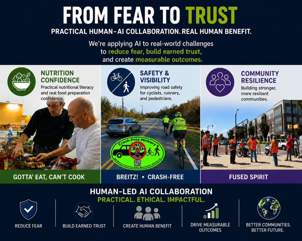 Title image for the Fused Spirit article "From Fear to Trust: Seeking Scale-Up Partners." The image highlights practical human-AI collaboration focused on preventive health, traffic safety, community resilience, and measurable human benefit.