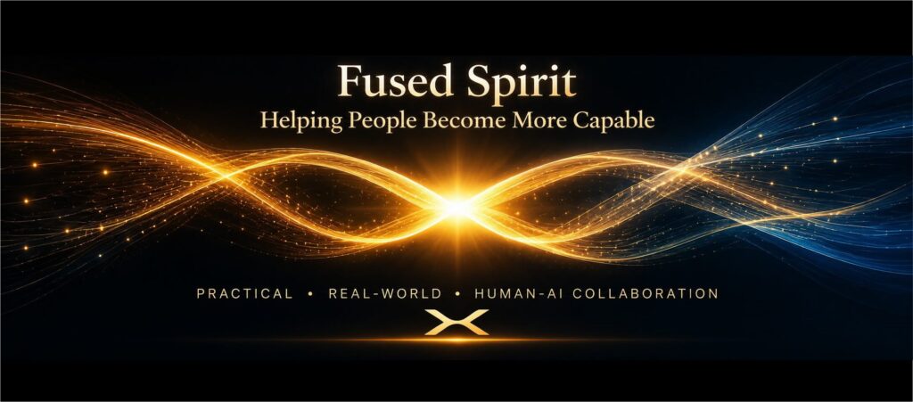 Abstract golden infinity helix representing human–AI collaboration with the words "Fused Spirit," "Helping People Become More Capable," and "Practical • Real-World • Human-AI Collaboration."